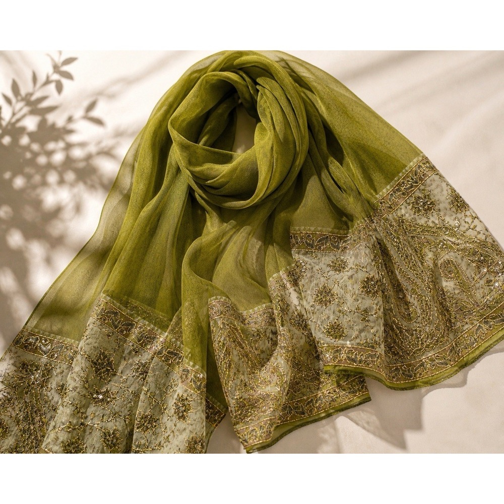 Embellished Olive Sheer Shawl Wrap Scarf Sequined Boho Evening 41x85 - Picture 2 of 4